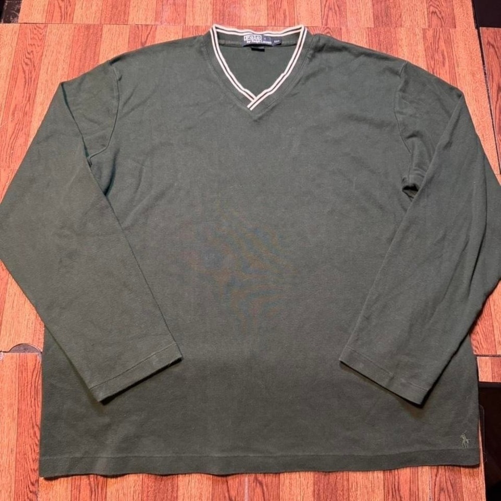 Polo Ralph Lauren Green Striped‎ Vintage V Knit Sleeve Shirt XXL